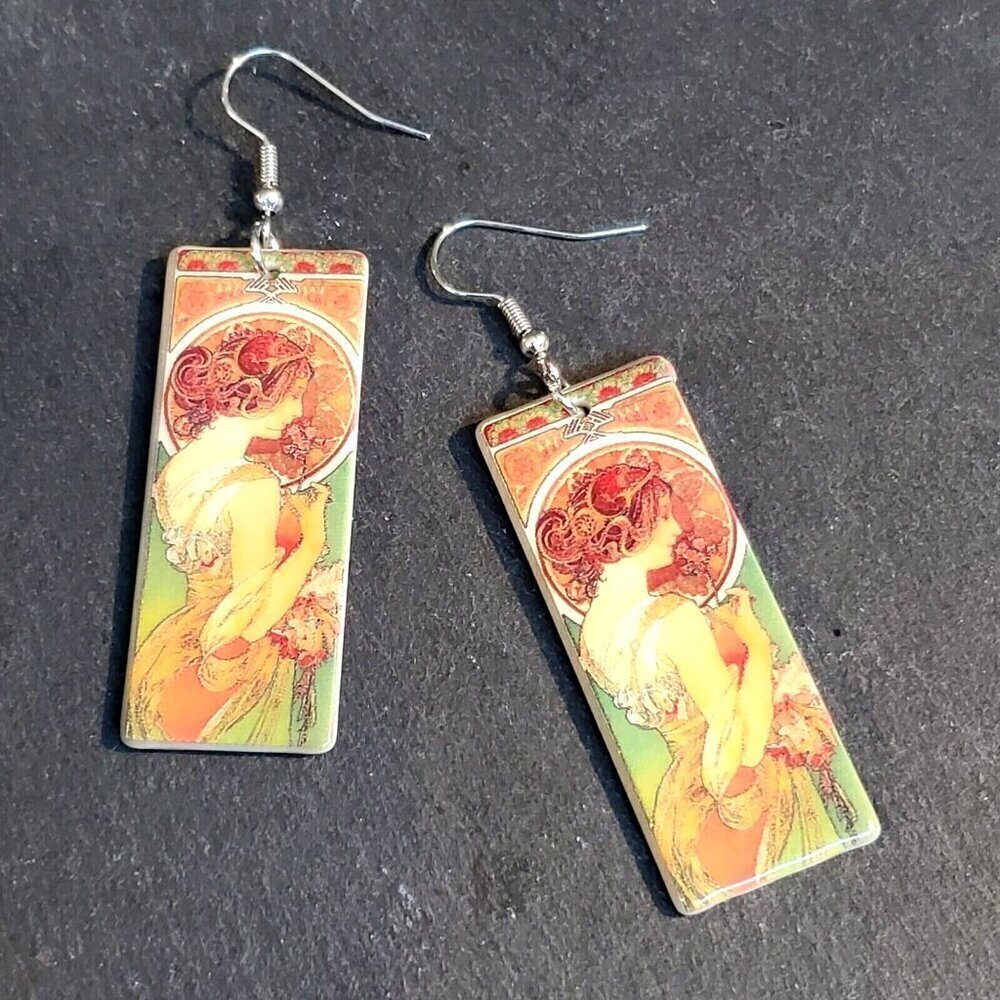 Art Nouveau Alfonse Mucha Painting Lucite Acrylic Rectangle Pendant Earrings